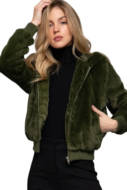 Apparel- Active Basic Faux Fur Zip Up Hoodie Jacket