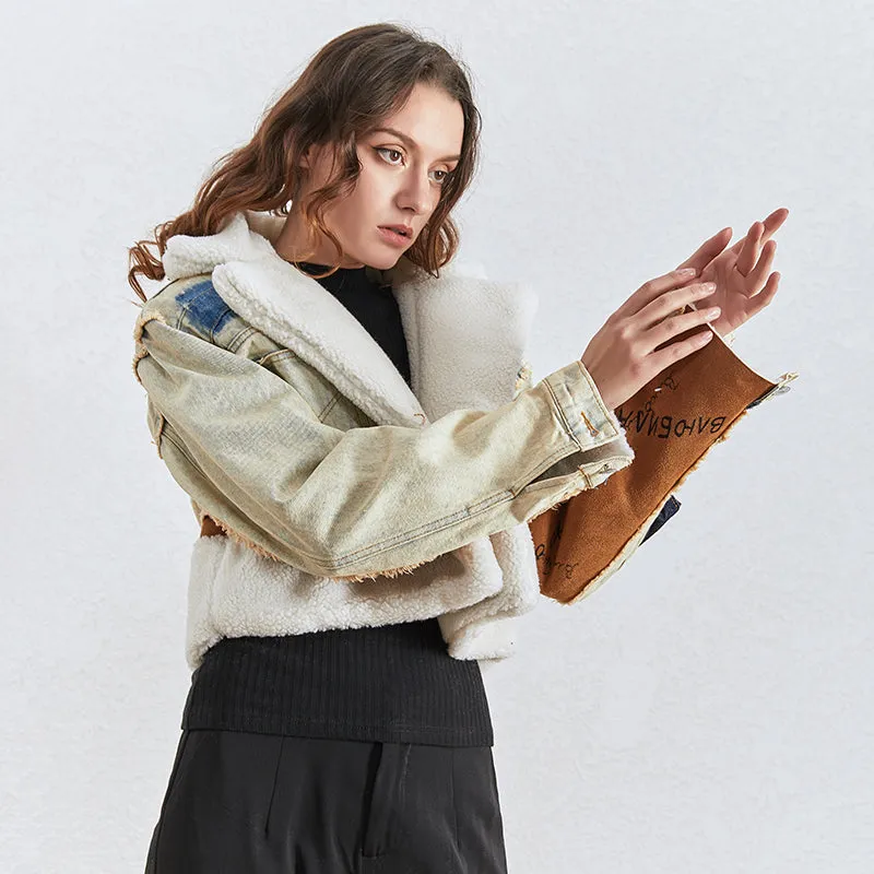 Autume Winter short Denim women jacket with flees - Street Wear  Handcrafted