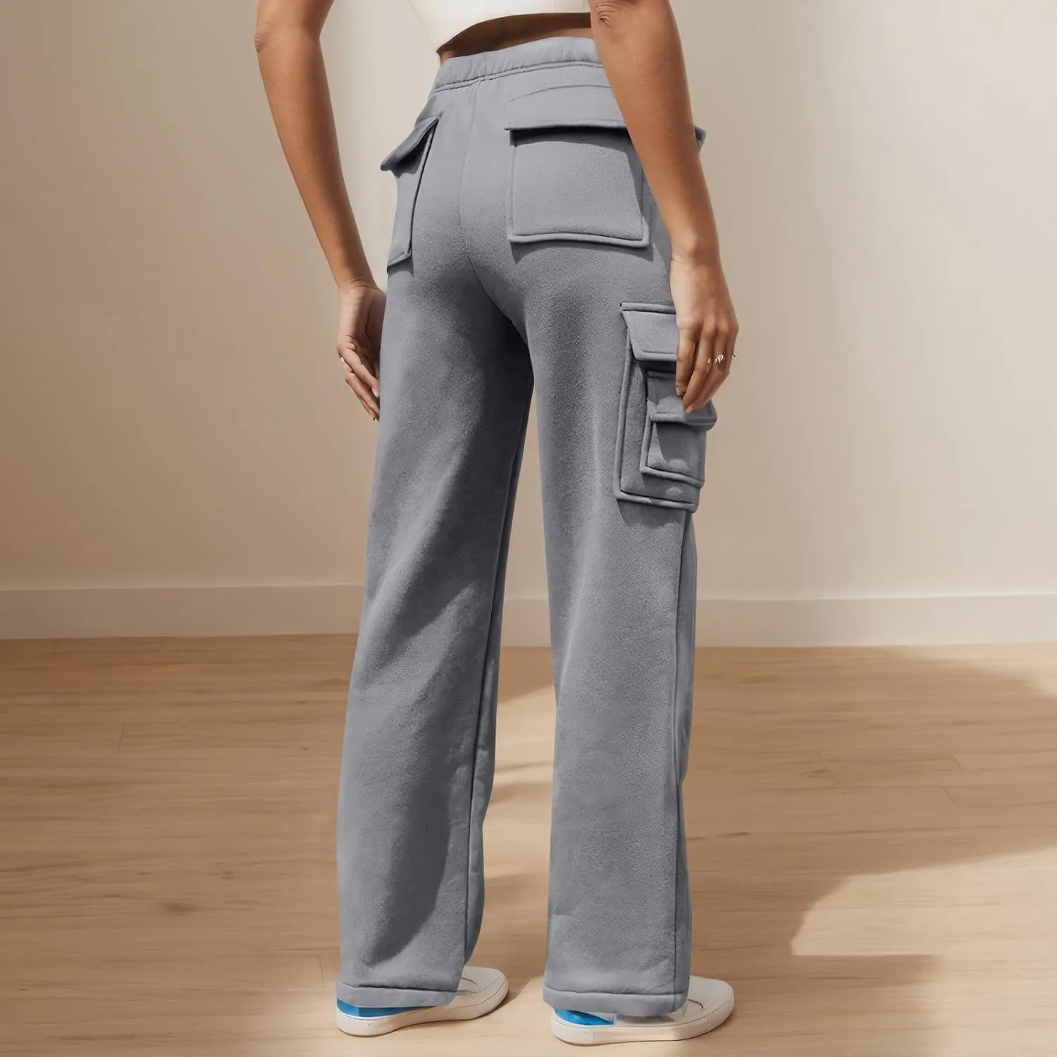 Baggy Cargo Sweatpants for Women Vintage Straight Leg Fleece Lined Sweat Pants Comfy High Waisted Joggers w/Pockets
