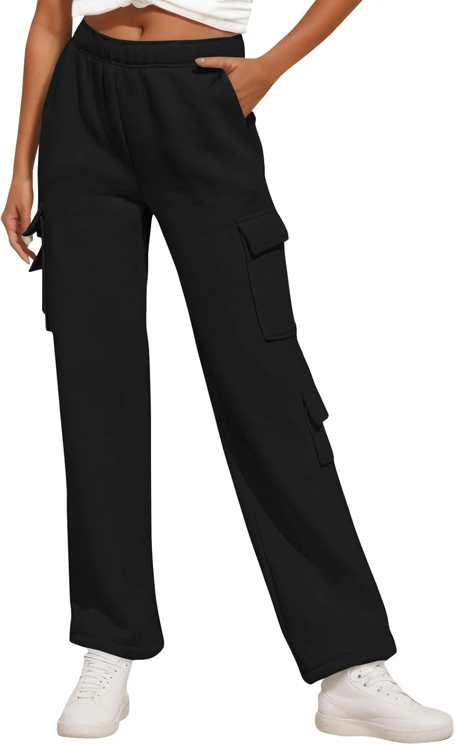 Baggy Cargo Sweatpants for Women Vintage Straight Leg Fleece Lined Sweat Pants Comfy High Waisted Joggers w/Pockets
