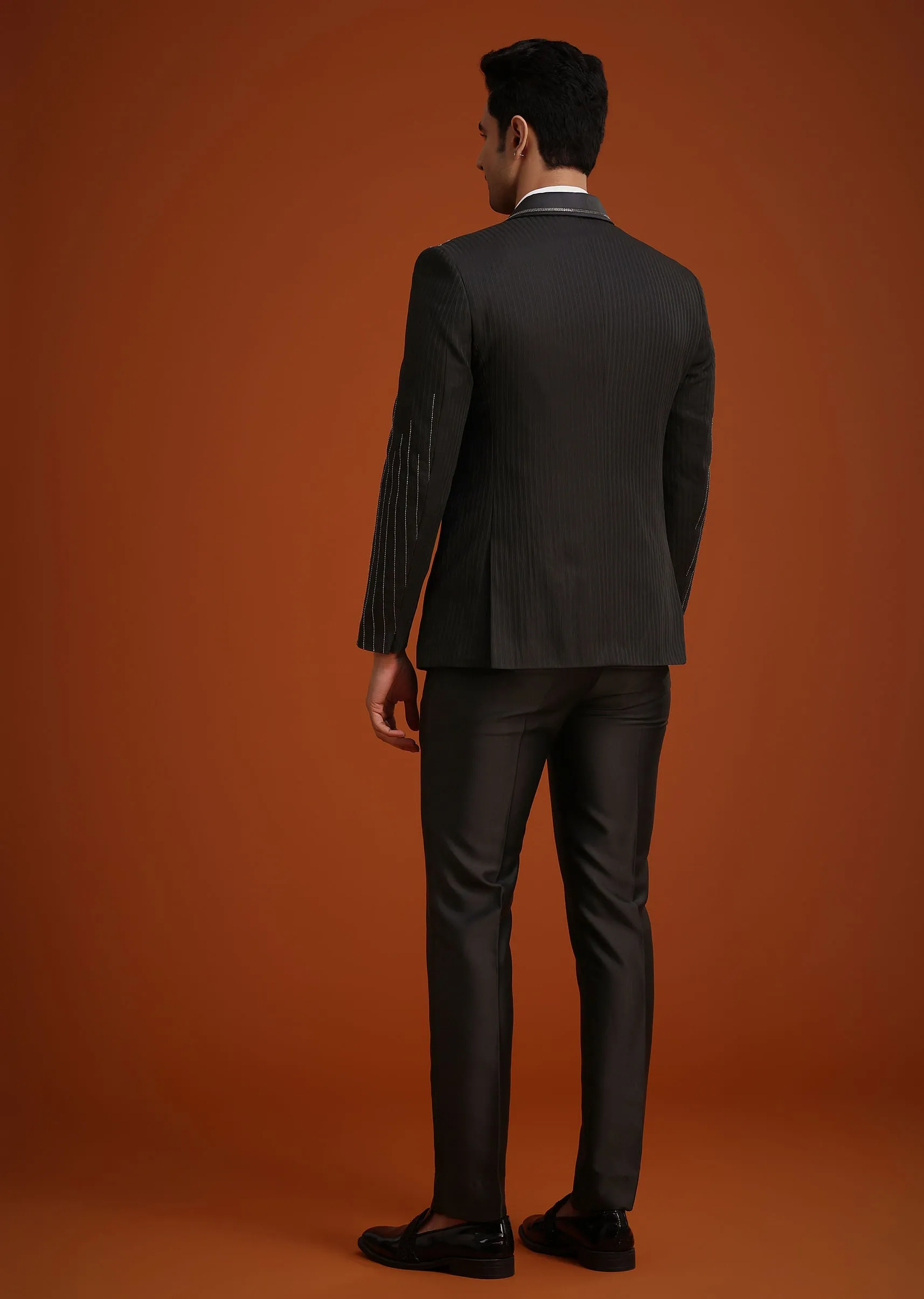 Black Rayon Tuxedo Set With Stone And Cutdana Work