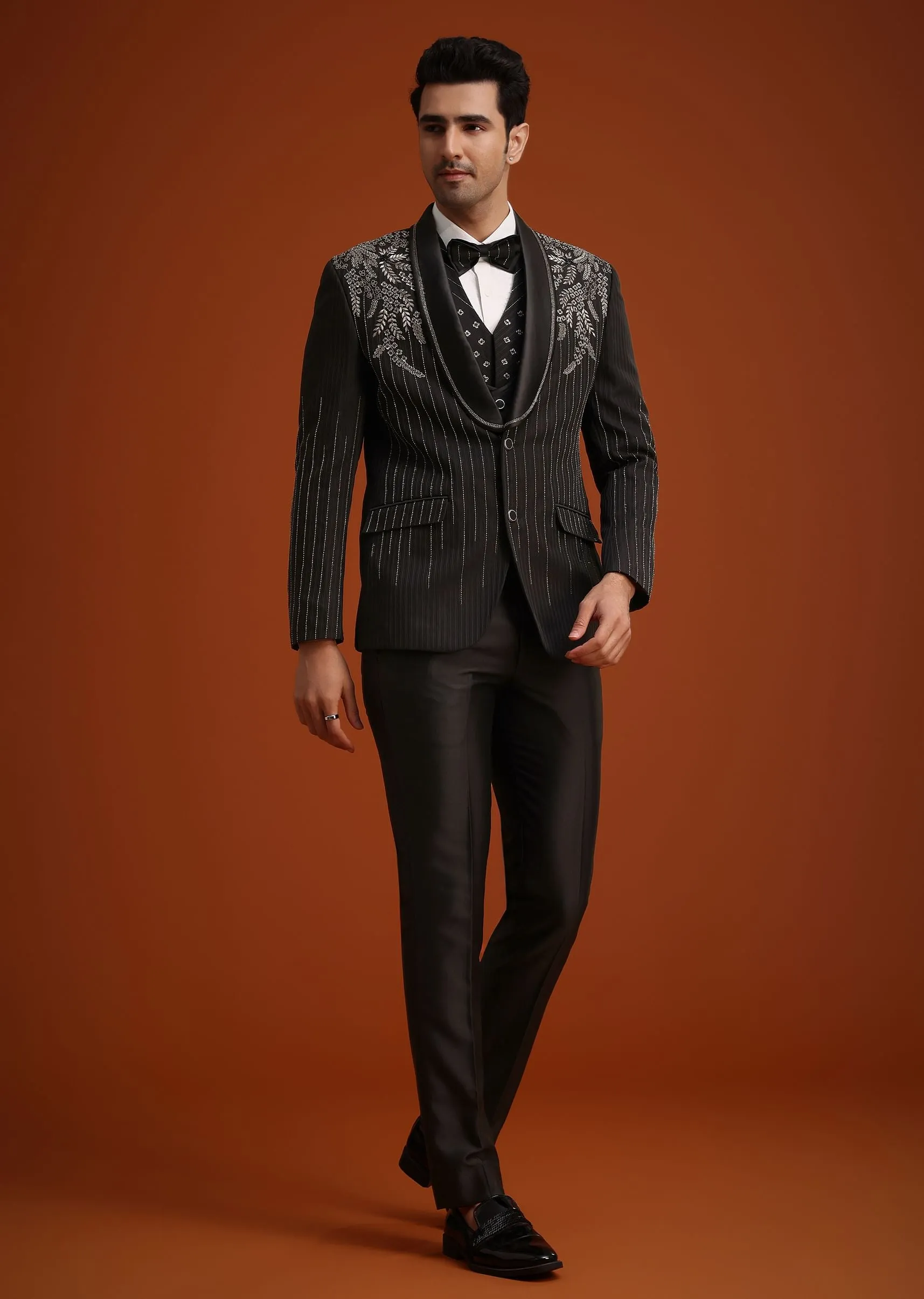 Black Rayon Tuxedo Set With Stone And Cutdana Work