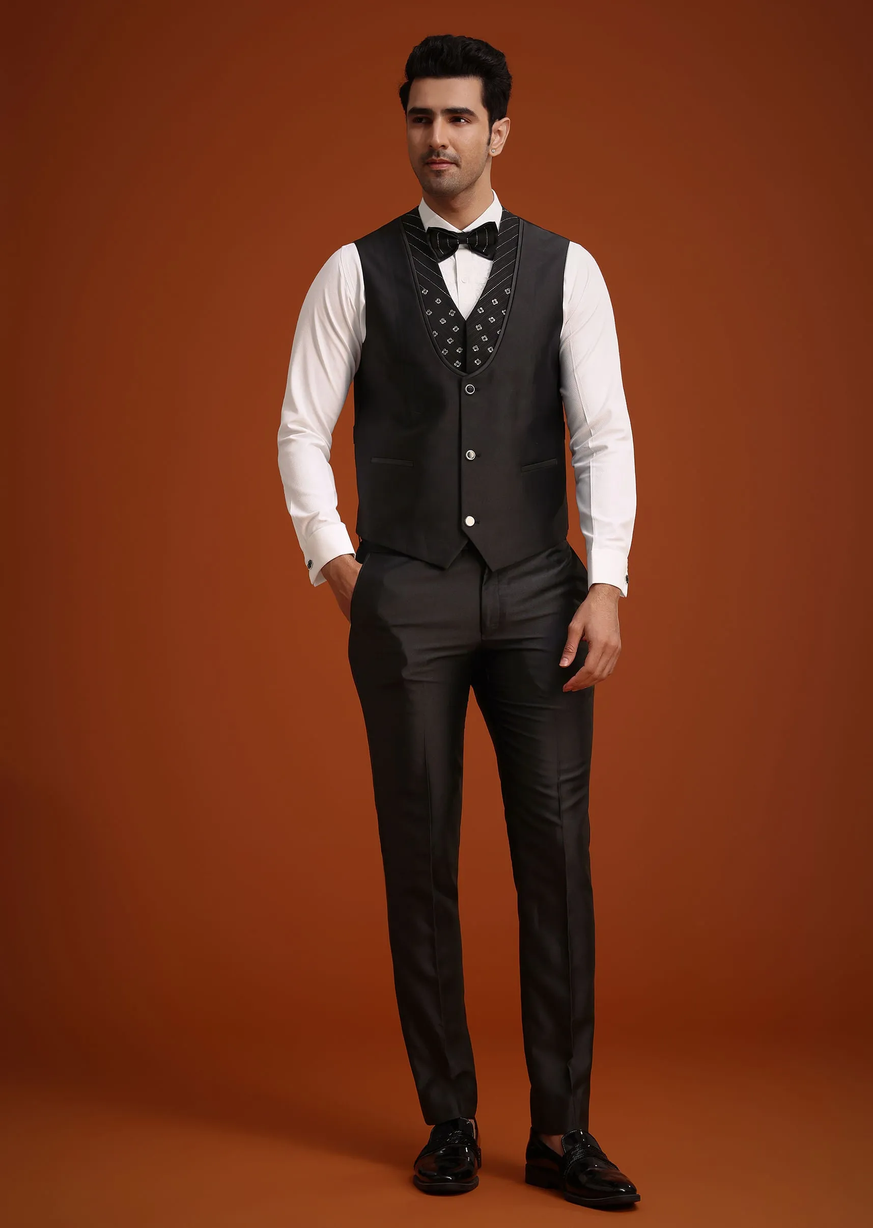 Black Rayon Tuxedo Set With Stone And Cutdana Work