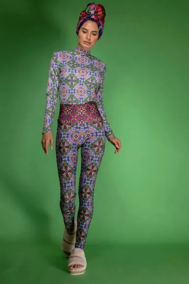 Botanic Stylish Print Trousers Deco Purple Stretchy Leggings