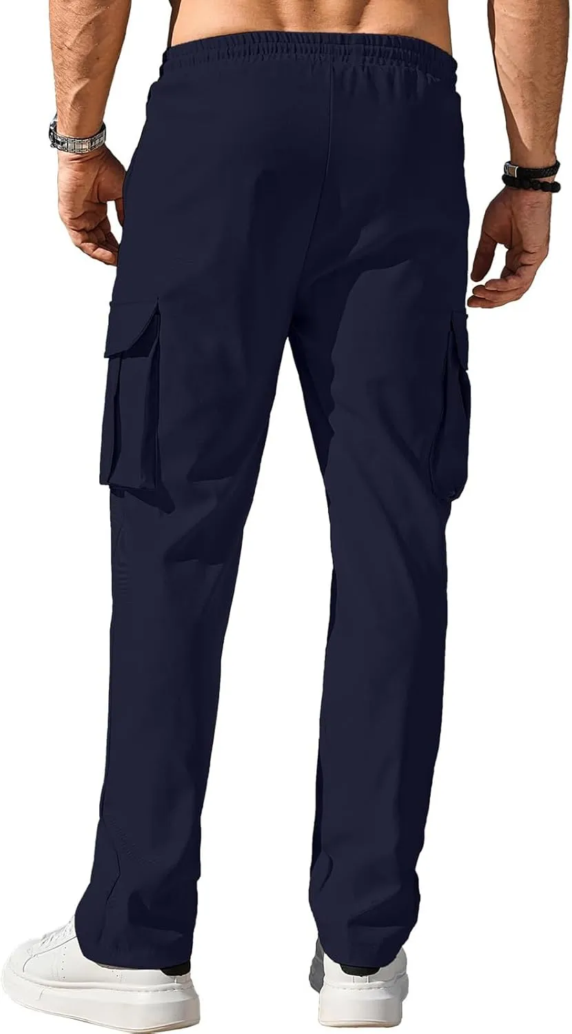 Cargo Pants Drawstring for Men Casual Baggy Comfy Straight Leg Joggers Trousers Fit with Multi Pockets