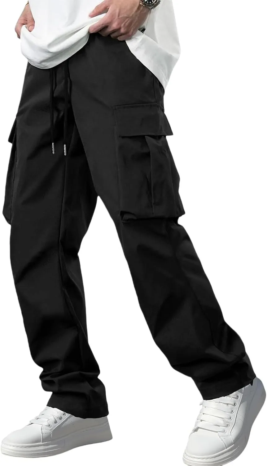 Cargo Pants Drawstring for Men Casual Baggy Comfy Straight Leg Joggers Trousers Fit with Multi Pockets