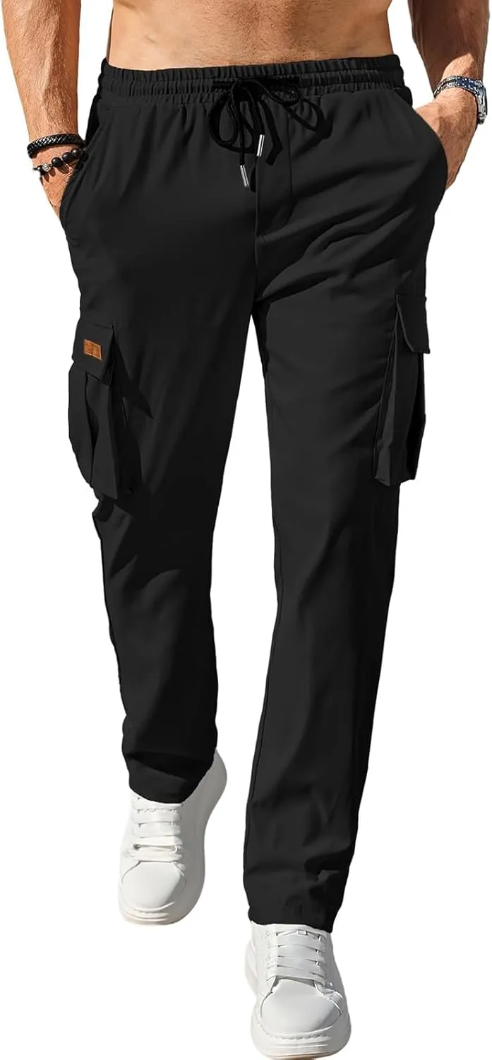 Cargo Pants Drawstring for Men Casual Baggy Comfy Straight Leg Joggers Trousers Fit with Multi Pockets