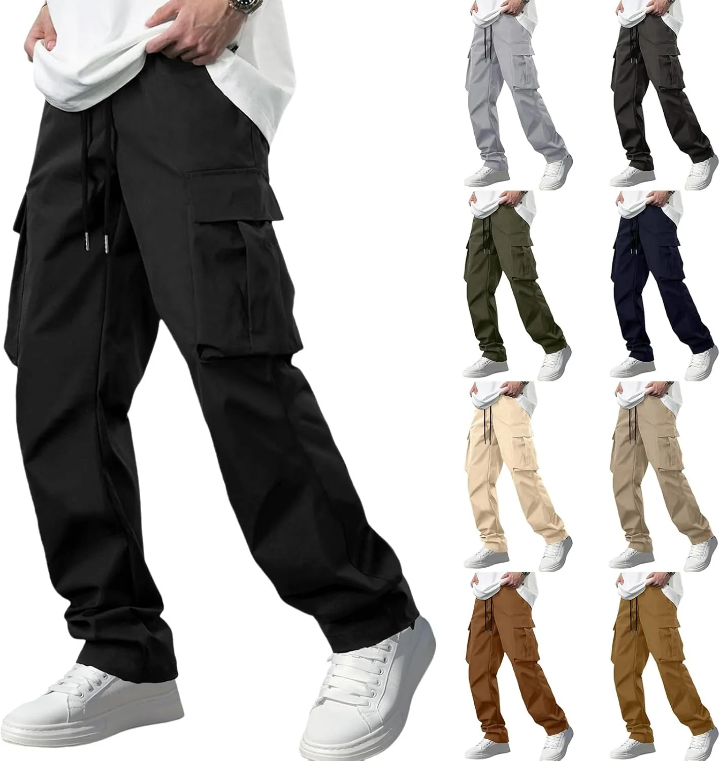 Cargo Pants Drawstring for Men Casual Baggy Comfy Straight Leg Joggers Trousers Fit with Multi Pockets