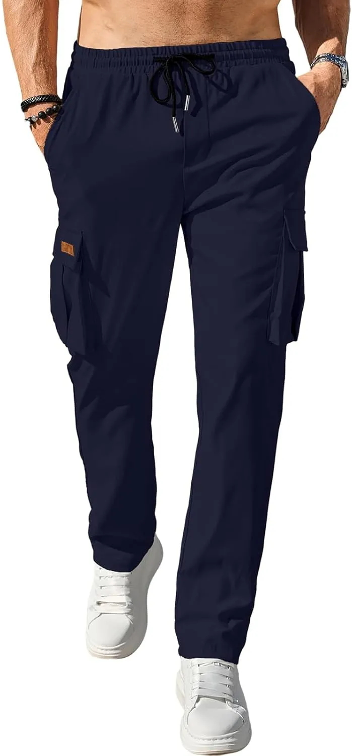 Cargo Pants Drawstring for Men Casual Baggy Comfy Straight Leg Joggers Trousers Fit with Multi Pockets