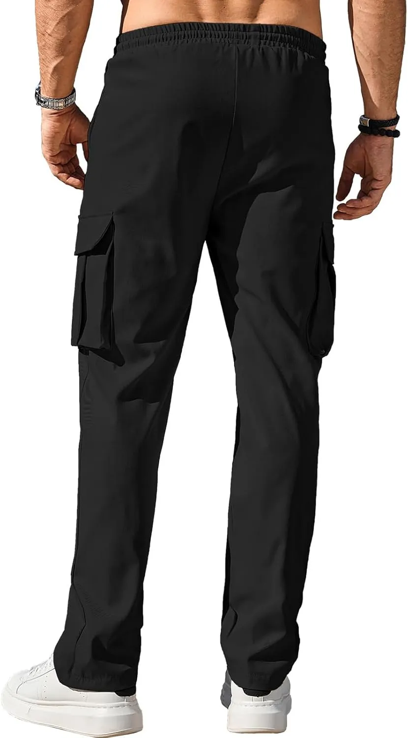 Cargo Pants Drawstring for Men Casual Baggy Comfy Straight Leg Joggers Trousers Fit with Multi Pockets