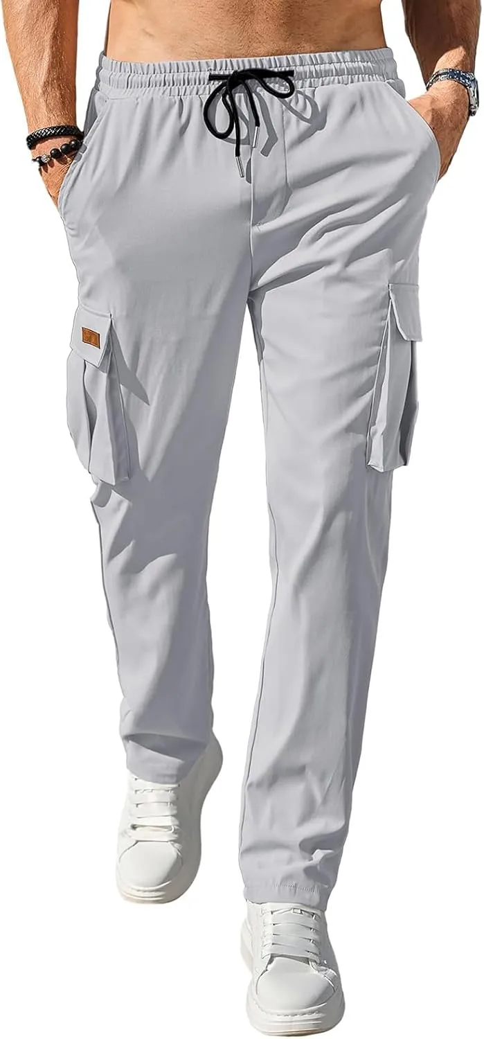 Cargo Pants Drawstring for Men Casual Baggy Comfy Straight Leg Joggers Trousers Fit with Multi Pockets