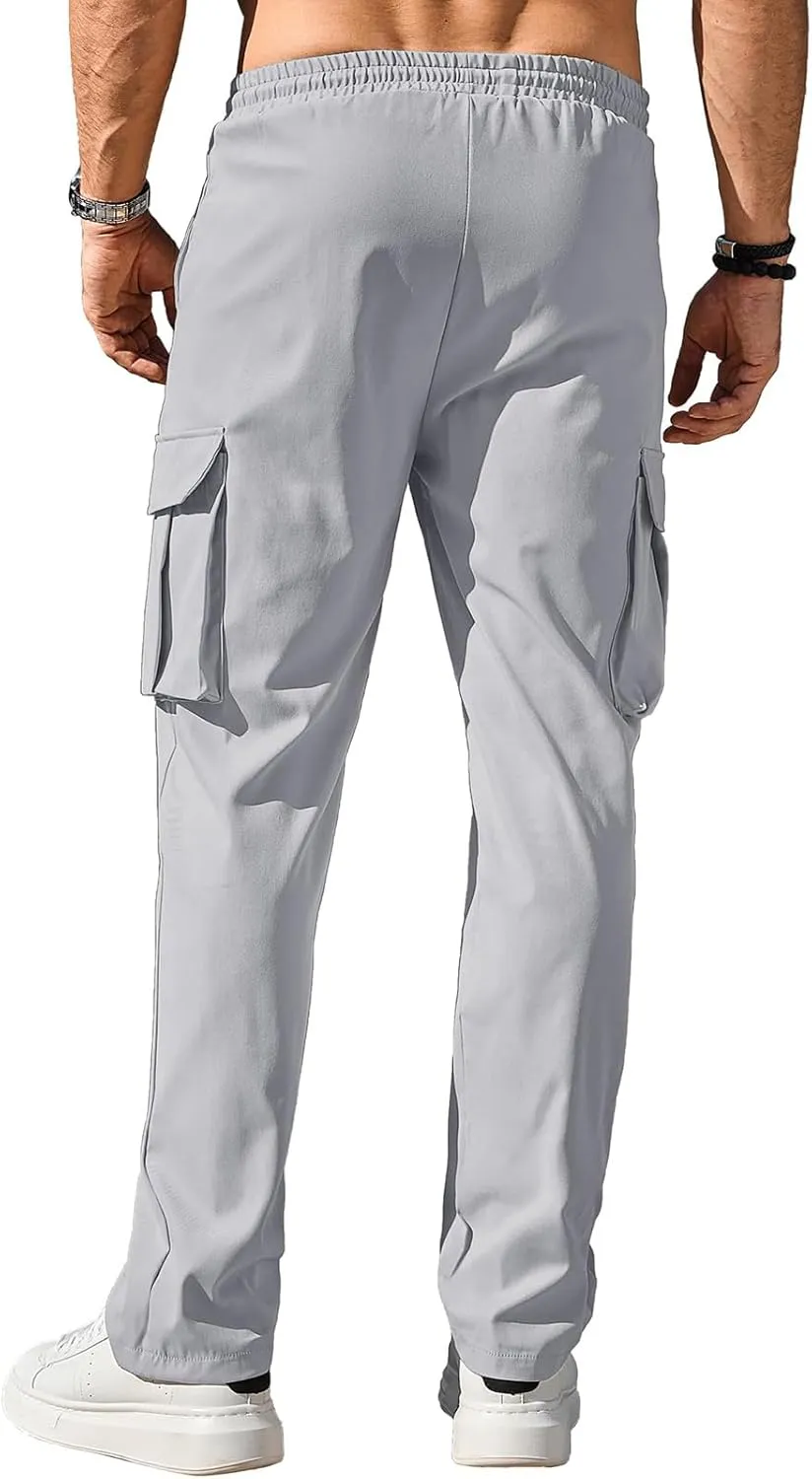 Cargo Pants Drawstring for Men Casual Baggy Comfy Straight Leg Joggers Trousers Fit with Multi Pockets