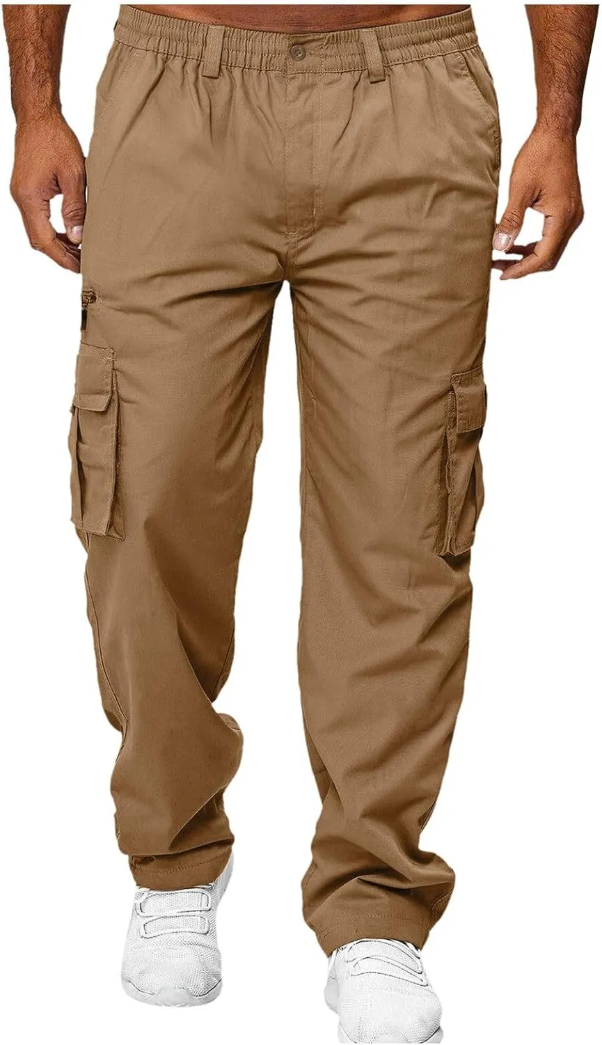 Cargo Pants for Men Wide Leg Pockets Elastic Waist Slim Legs Breathable Soft Fit Elasticity Comfy Fashion Trousers