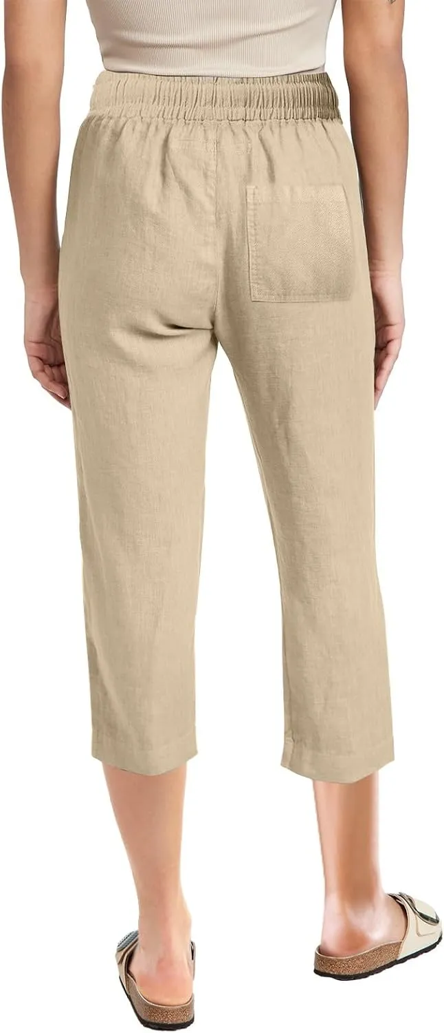 Cotton Linen Casual Summer Capri Drawstring Elastic Trousers Comfy Straight Leg Long Pants Straight Leg Loose Pants