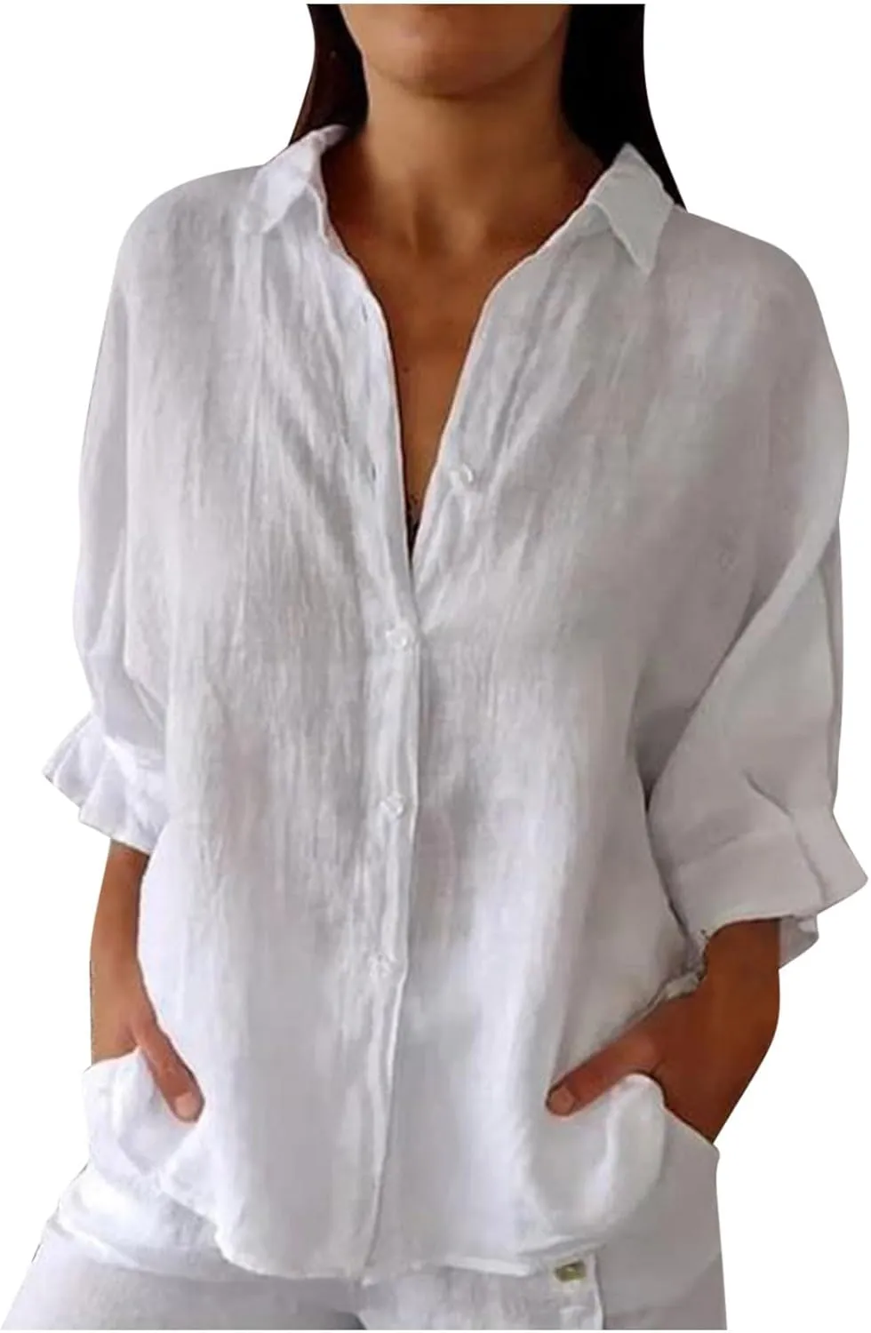 Cotton Linen Shirts for Womens Summer Casual Button Down Tops 3/4 Sleeve Classic Collared Loose Blouses Dressy Tees