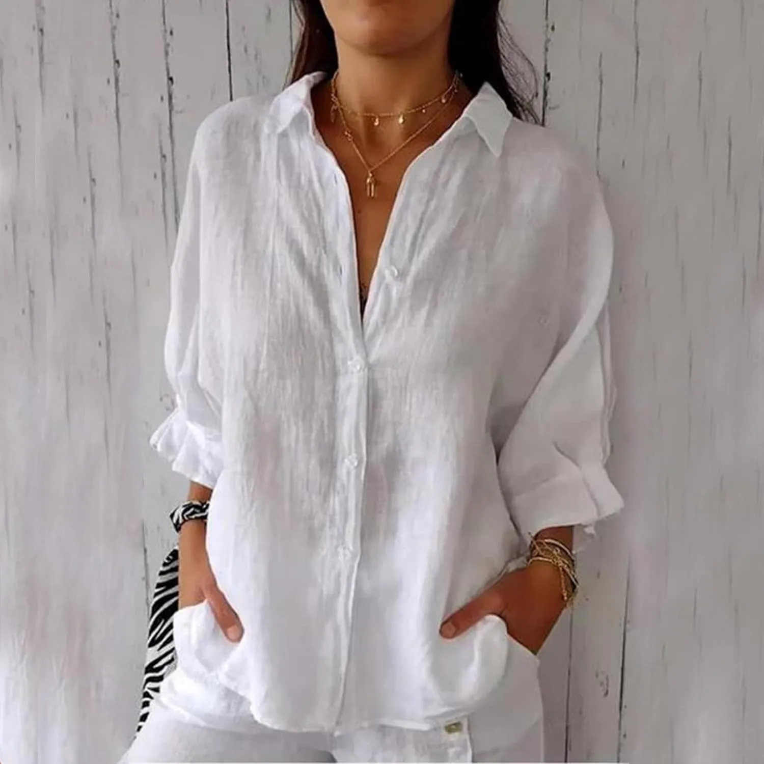 Cotton Linen Shirts for Womens Summer Casual Button Down Tops 3/4 Sleeve Classic Collared Loose Blouses Dressy Tees