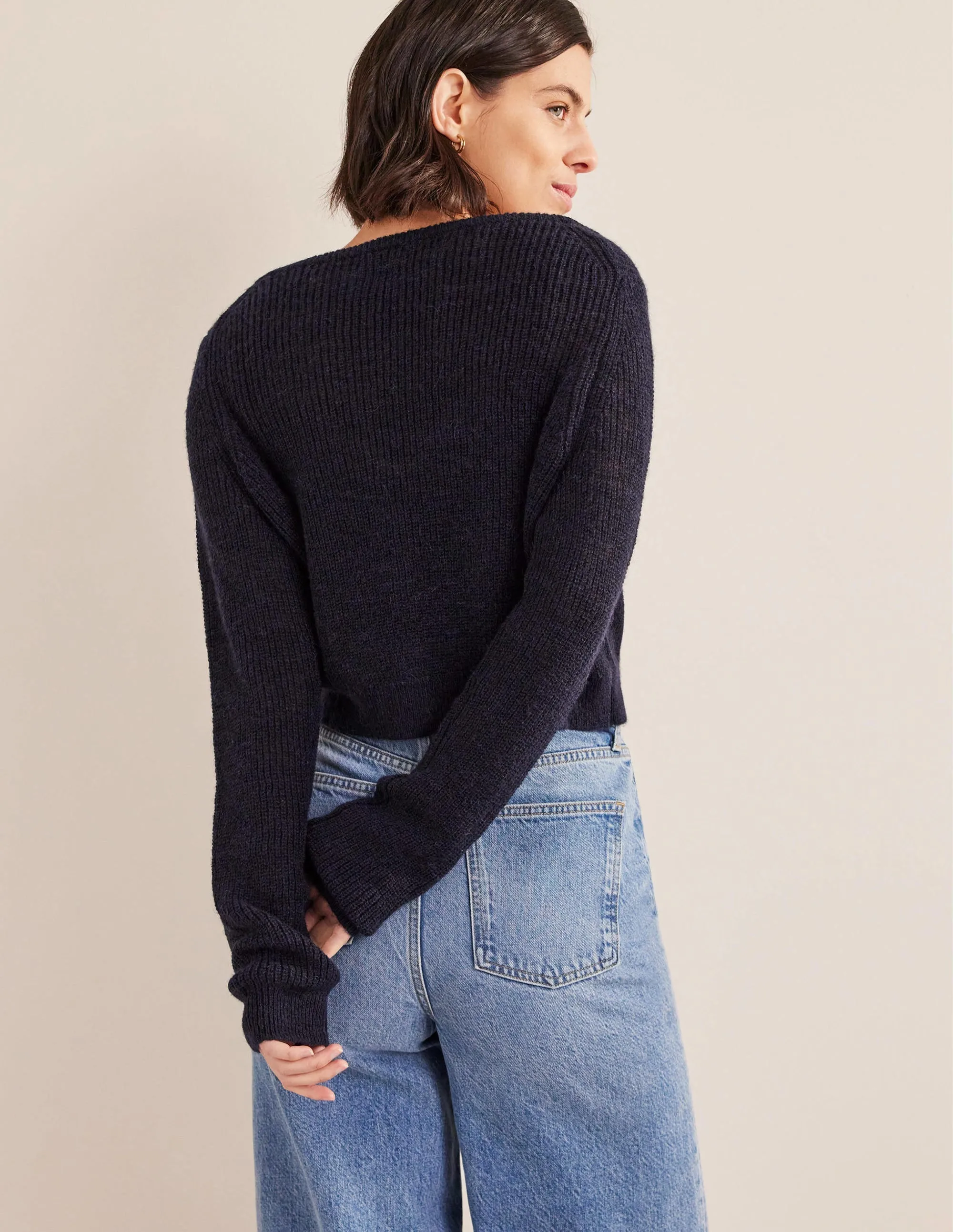 Cropped Fluffy Cardigan-Navy
