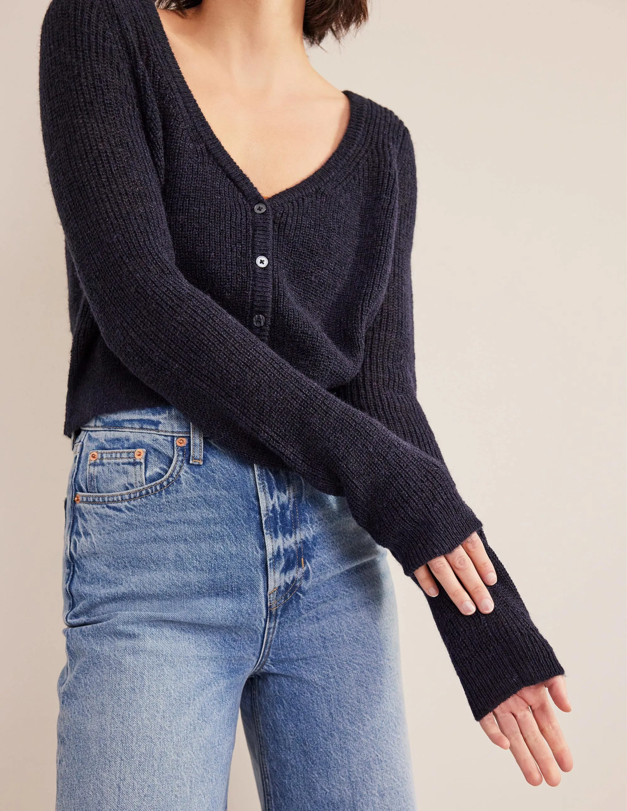 Cropped Fluffy Cardigan-Navy
