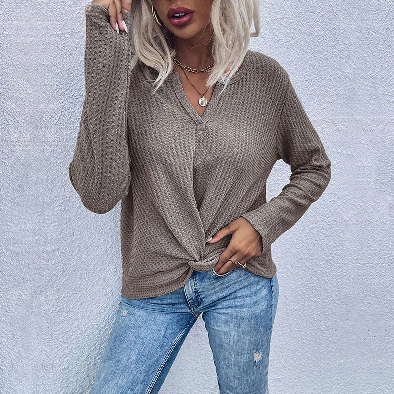 Desirae Women's Waffle Kink Thin Solid Color Bottoming Knitted Sweater