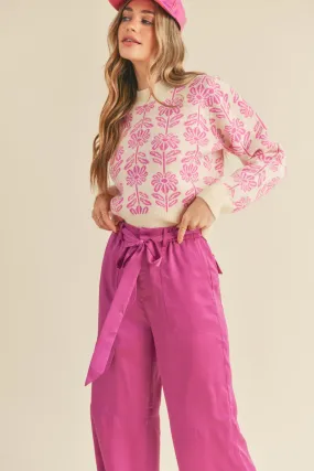 Electric Orchid Floral Pattern Knit Sweater