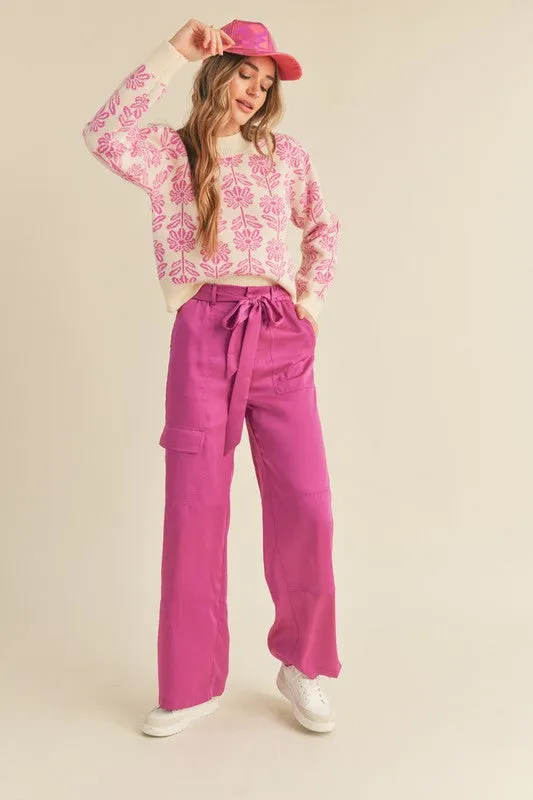 Electric Orchid Floral Pattern Knit Sweater