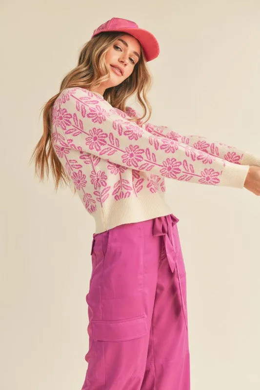 Electric Orchid Floral Pattern Knit Sweater