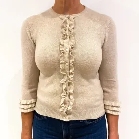 Fawn Beige Ruffle Front Cashmere Crew Neck Cardigan Medium