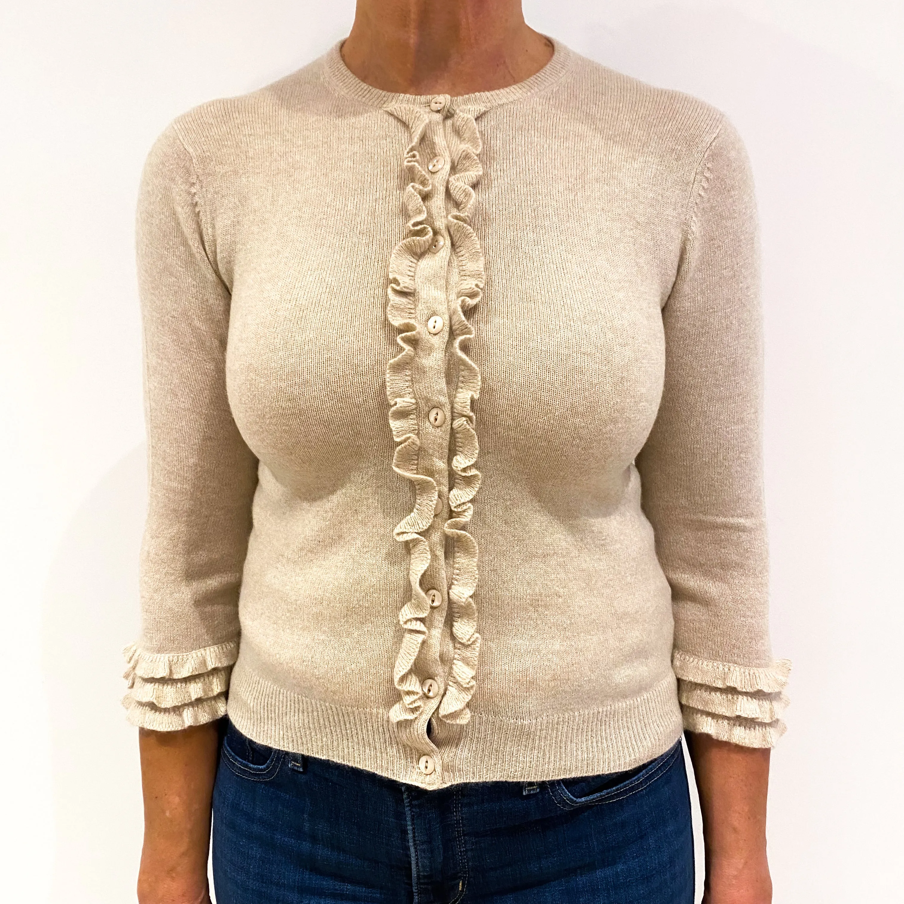 Fawn Beige Ruffle Front Cashmere Crew Neck Cardigan Medium