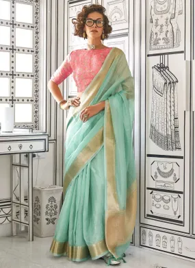 Green Handwoven Chiffon Saree With Heavy Jacquard Blouse