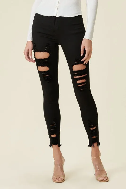 HIGH RISE DISTRESSED SKINNY W RAW HEM