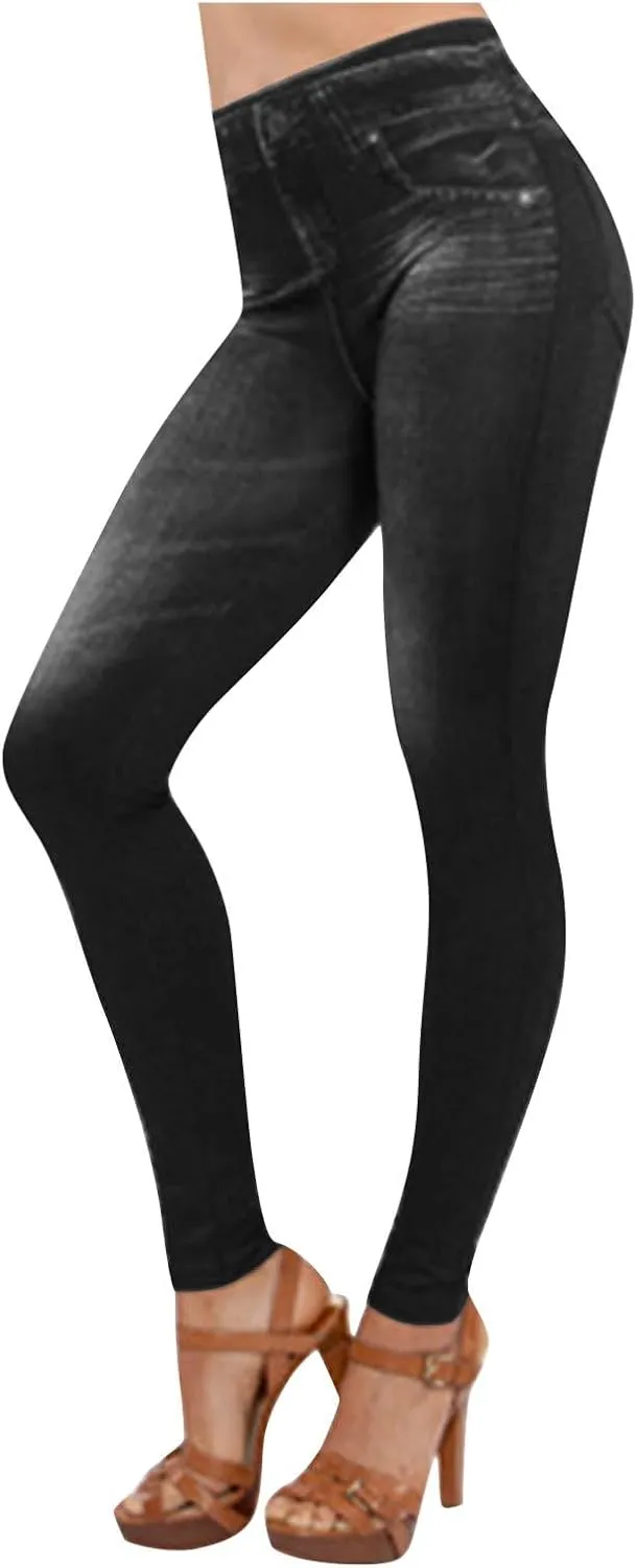 hlysgo Pull On Womens Jeans Leggings Stretchy High Waisted Skinny Denim Trouser Pants Trendy Jean Look Leggings
