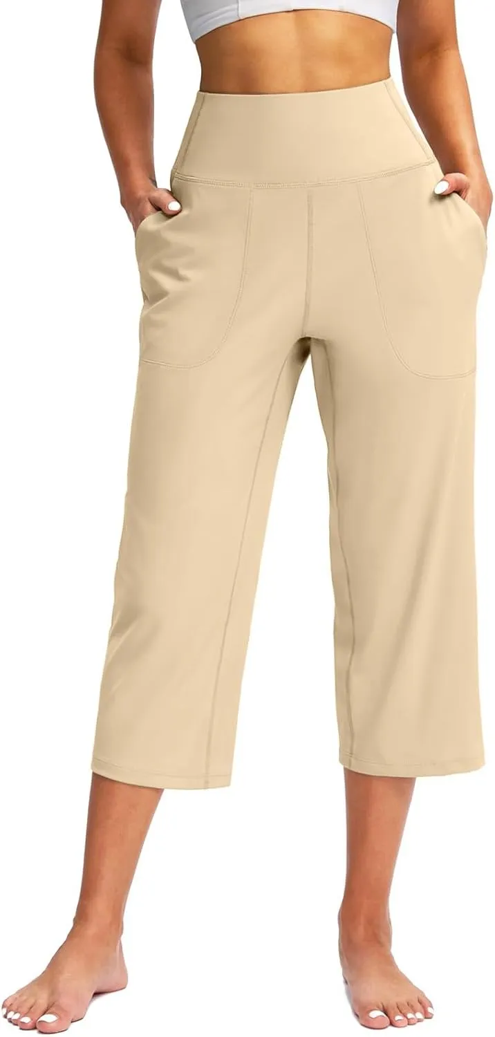LCMTWX Capris for Women Pockets for Women Casual Stretch High Waisted Yoga Leggings Comfy Wide Leg Pants Womens Pull On