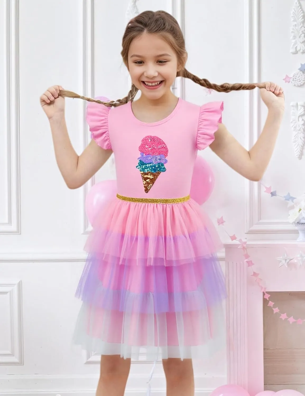 Little Girls Tulle Tutu Dress Toddler Summer Ruffle Sleeve Fluffy Tiered Dress Kids Birthday Party Outfits 2-7 Years