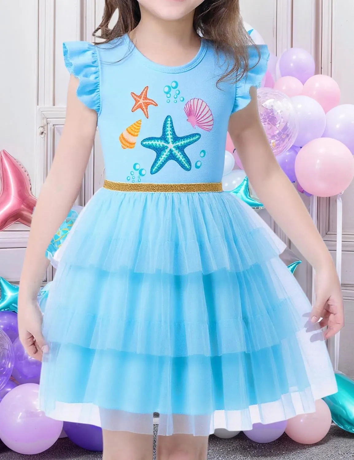 Little Girls Tulle Tutu Dress Toddler Summer Ruffle Sleeve Fluffy Tiered Dress Kids Birthday Party Outfits 2-7 Years