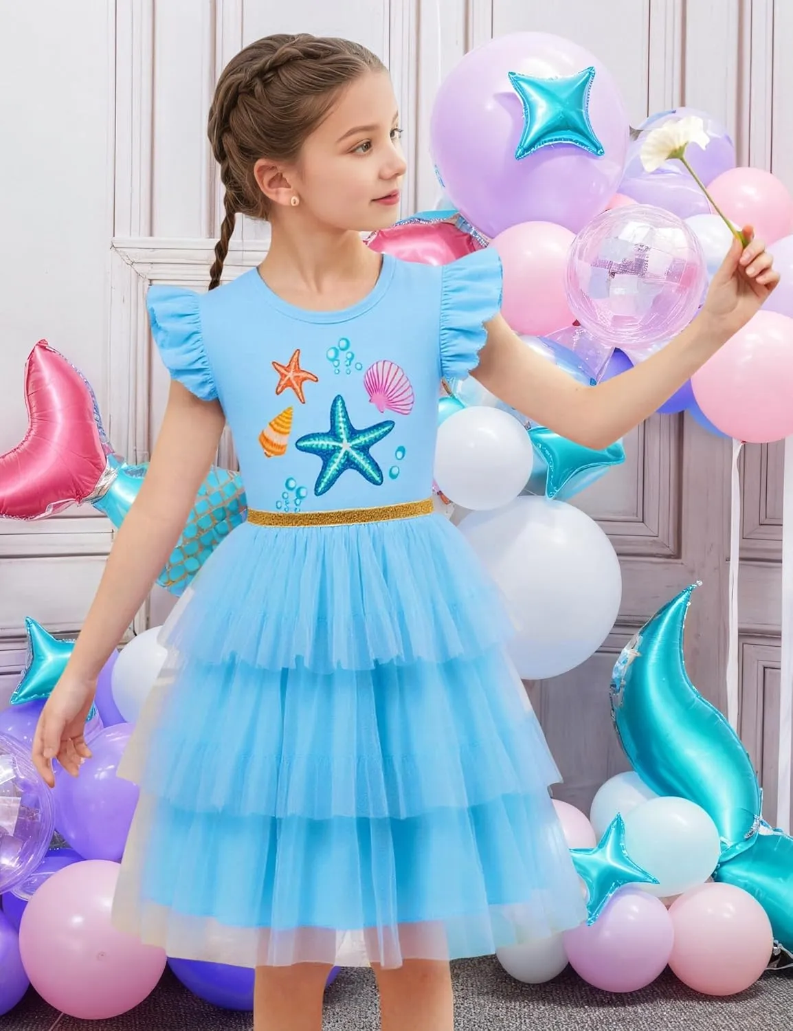 Little Girls Tulle Tutu Dress Toddler Summer Ruffle Sleeve Fluffy Tiered Dress Kids Birthday Party Outfits 2-7 Years