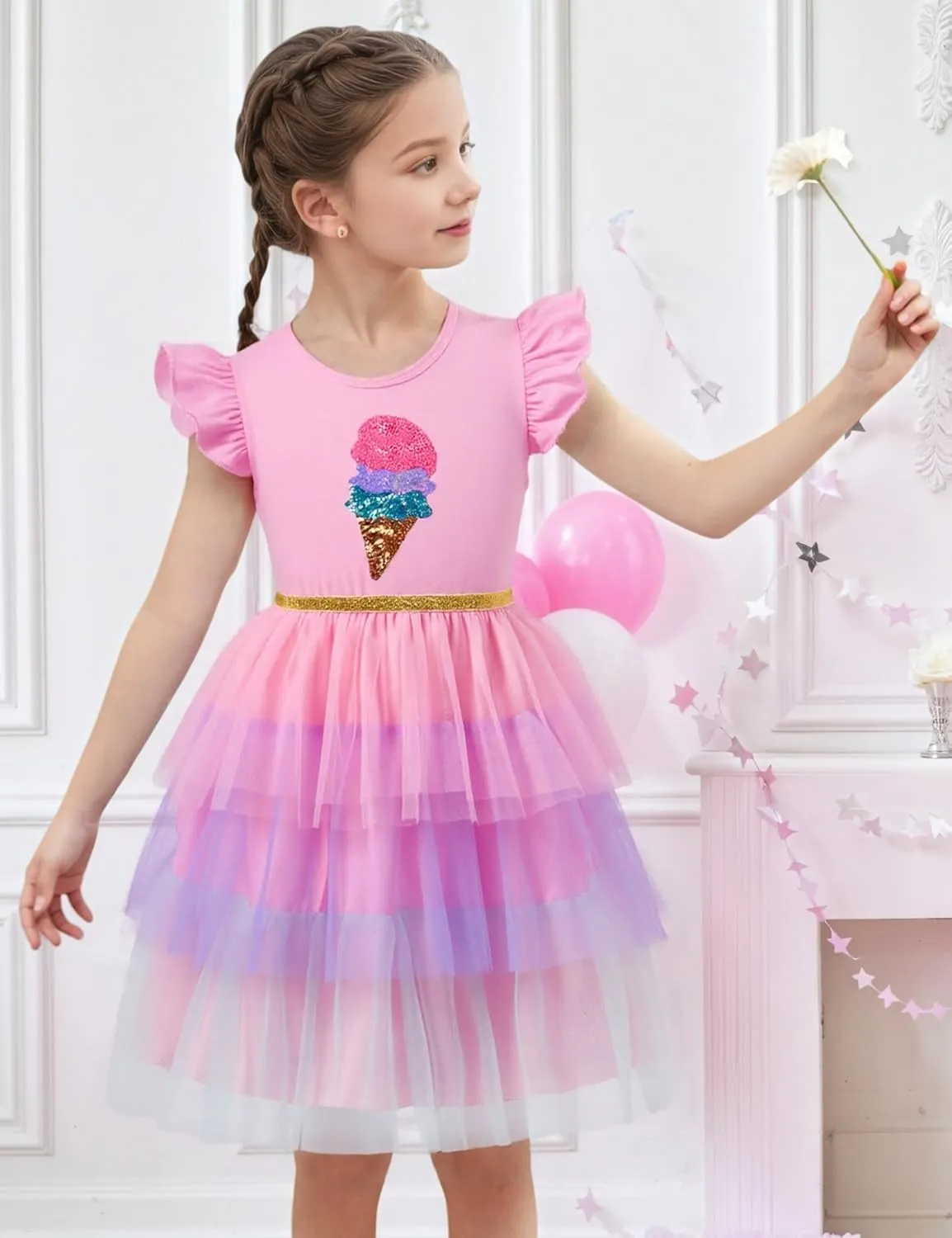 Little Girls Tulle Tutu Dress Toddler Summer Ruffle Sleeve Fluffy Tiered Dress Kids Birthday Party Outfits 2-7 Years