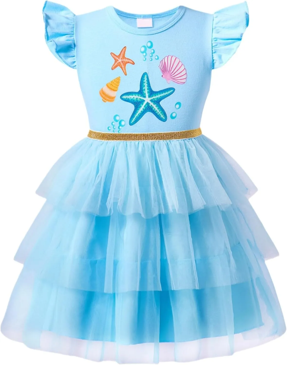 Little Girls Tulle Tutu Dress Toddler Summer Ruffle Sleeve Fluffy Tiered Dress Kids Birthday Party Outfits 2-7 Years