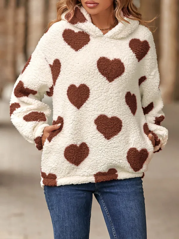 Loose Plush Hooded Love Print Sweatshirt