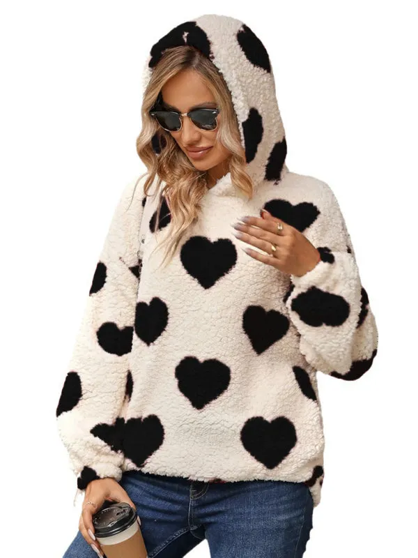 Loose Plush Hooded Love Print Sweatshirt