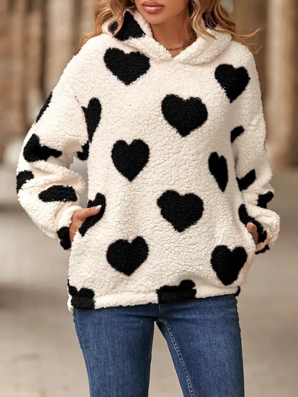 Loose Plush Hooded Love Print Sweatshirt
