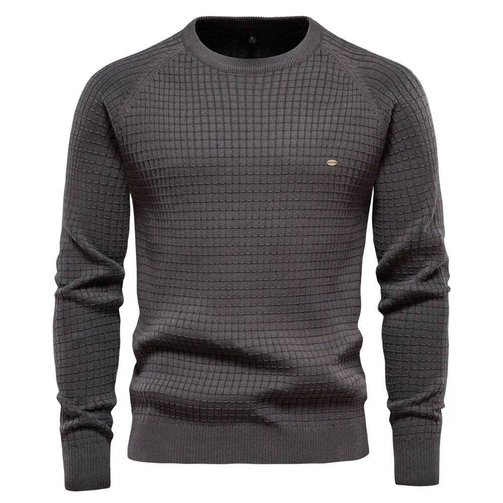 Men Plaid Cotton O-Neck Sweater