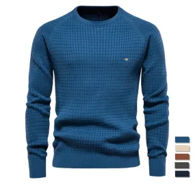 Men Plaid Cotton O-Neck Sweater