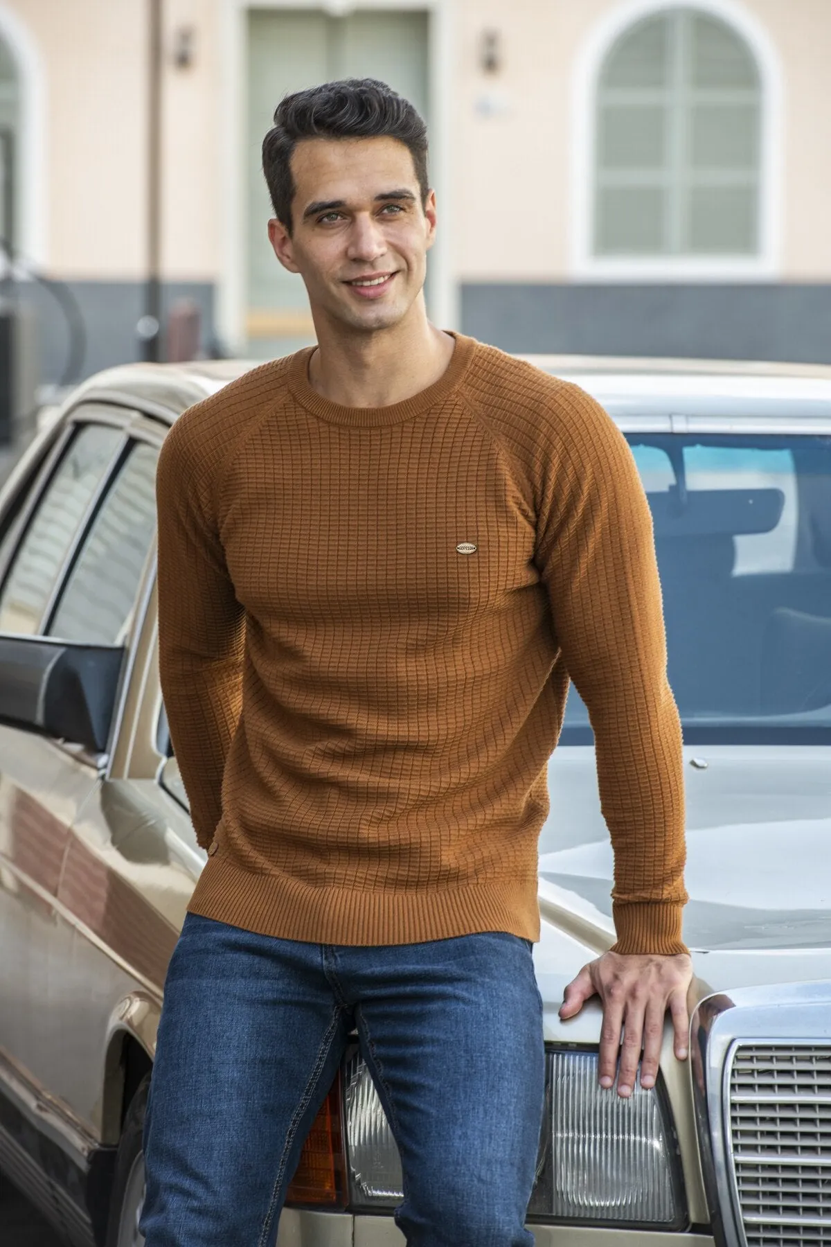 Men Plaid Cotton O-Neck Sweater