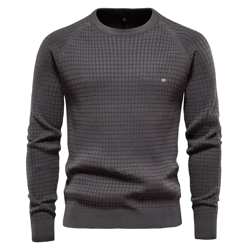 Men Plaid Cotton O-Neck Sweater