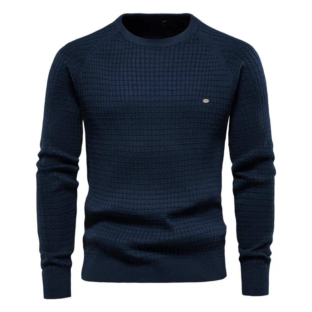 Men Plaid Cotton O-Neck Sweater
