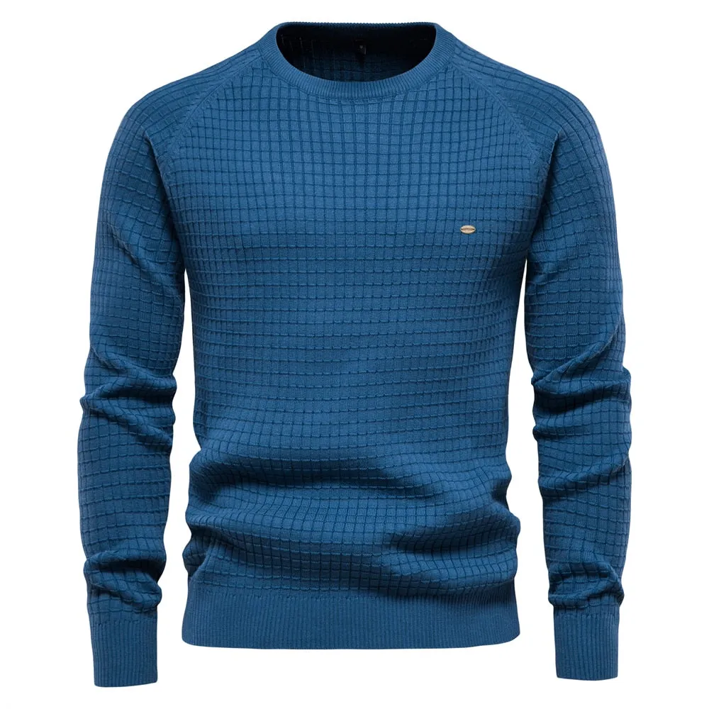 Men Plaid Cotton O-Neck Sweater