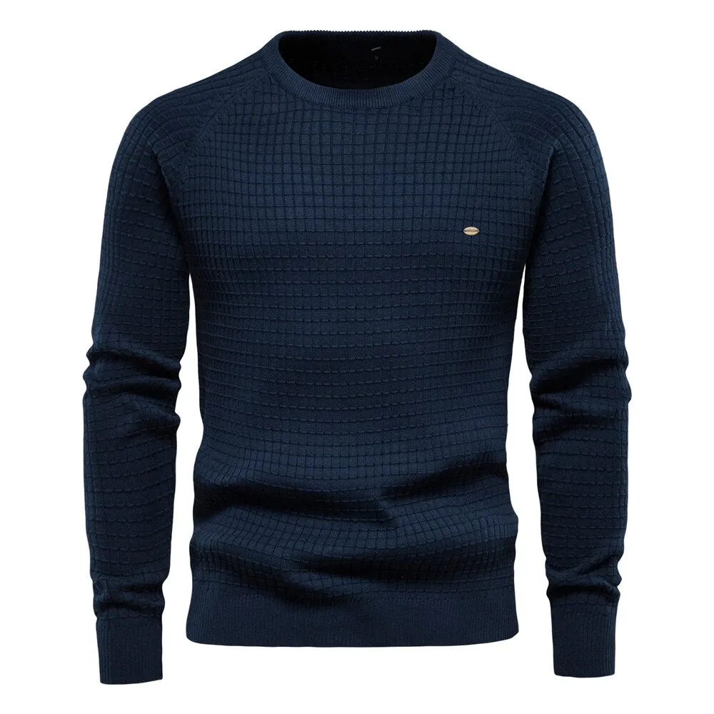 Men Plaid Cotton O-Neck Sweater