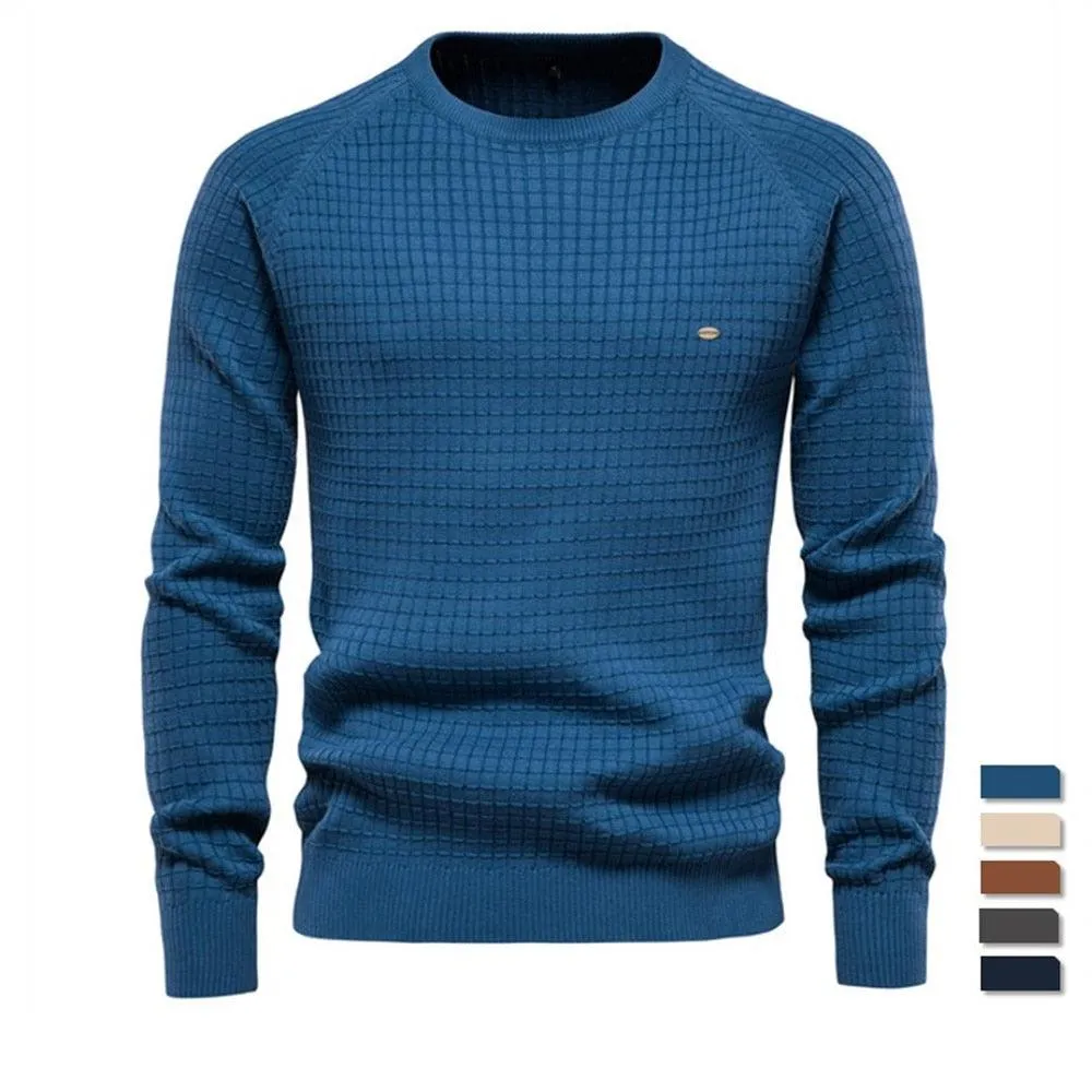 Men Plaid Cotton O-Neck Sweater