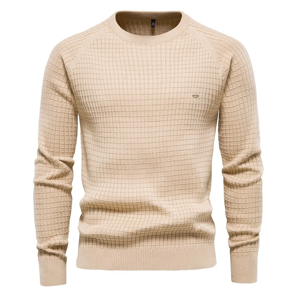 Men Plaid Cotton O-Neck Sweater