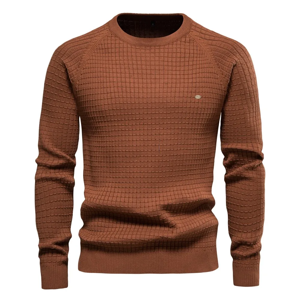 Men Plaid Cotton O-Neck Sweater